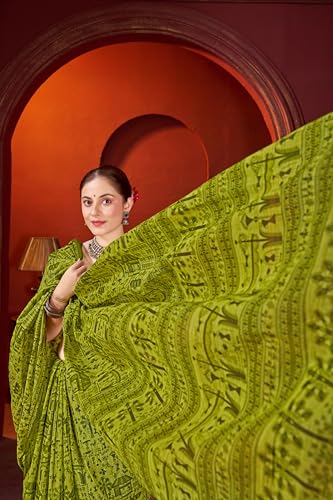 Image of TAMAIRA FASHION Off White Mulmul Pure Cotton Saree For Woman Warli Printed|Office Wear Daily Wear Sarees For Women Without Blouse Piece (Available in 21 Colours)