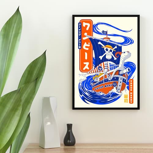 Image of Postlate Vintage Style Going Merry Poster A4 Size with Frame - One Piece Pirate Ship Artwork | Retro Anime Wall Art Decor for Room & Office (Design 2)