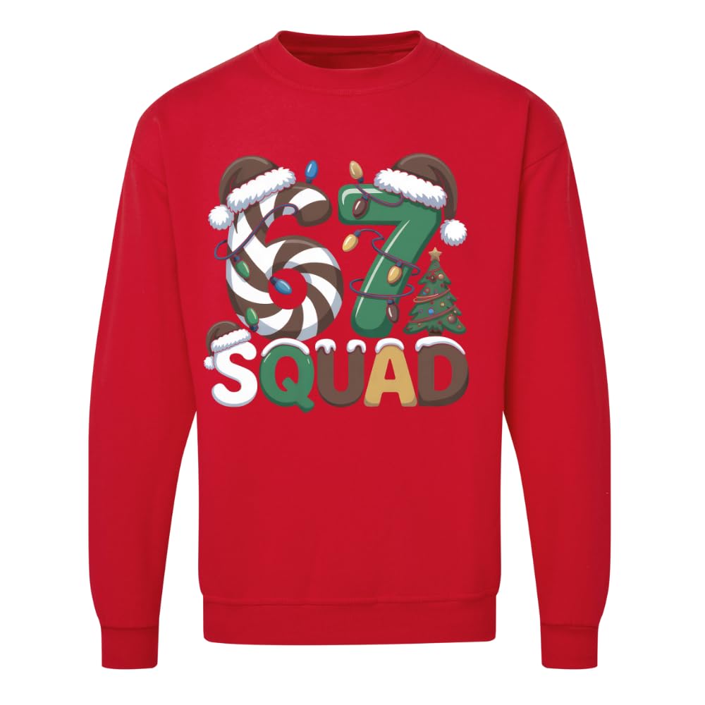 SAUTE STYLES 67 Squad Christmas Kids Sweatshirt | Funny Festive Holiday Jumper | Custom Name Option | Fleece Xmas Top for School Parties & Family Outfits (UK, Age, 11 Years, 13 Years, Regular, Red)