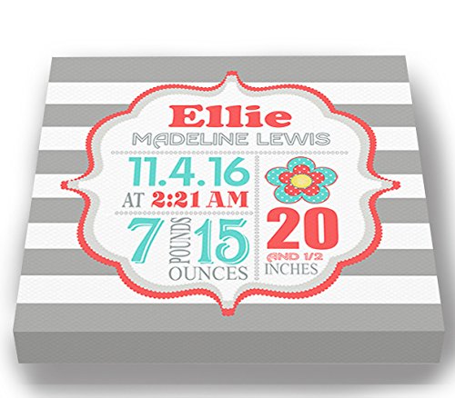 Personalized Stretched Canvas Birth Announcement Gift, Custom Baby Name, Date, Weight Stats, Newborn Flower Nursery Wall Art Decor, Wooden Frame Construction, Ready to Hang 20X20