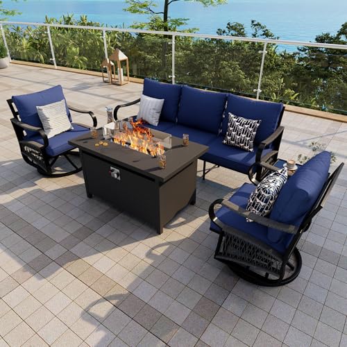 Image of 5-Piece Outdoor Furniture Set, Metal Swivel Rocking Chairs with All-Weather Cushions, Rope Patio Conversation Set with Fire Pit Table for Deck, Porch, Garden, Backyard, Poolside (Blue Cushions)