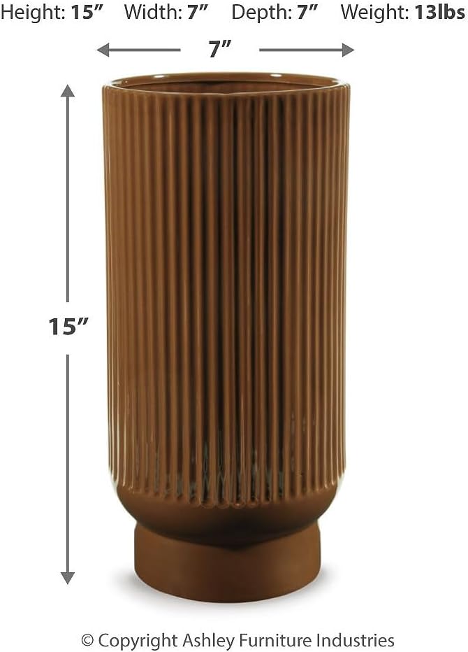 Signature Design by Ashley Avalyah Casual Indoor/Outdoor 15" Glazed Ceramic Tabletop Vase with Wide Mouth, Dark Brown