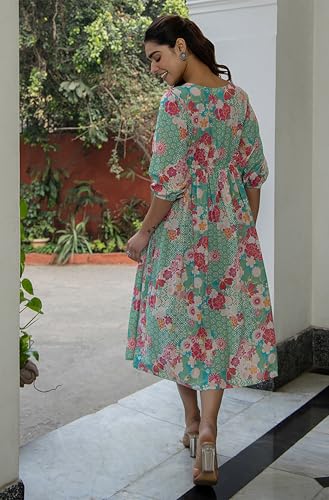 Image of Janasya Knee Length Women's Pure Cotton Floral Printed Fit & Flare Dress