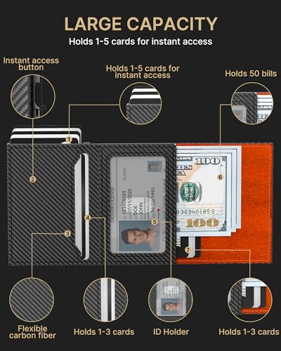 Image of typecase Mens Wallet Card Holder: Pop Up Aluminum Case, Carbon Fiber Leather, Smart, RFID Blocking, Slim, Minimalist, Front Pocket - 9-14 Card Capacity | ID Window | Cash Slot (Orange)