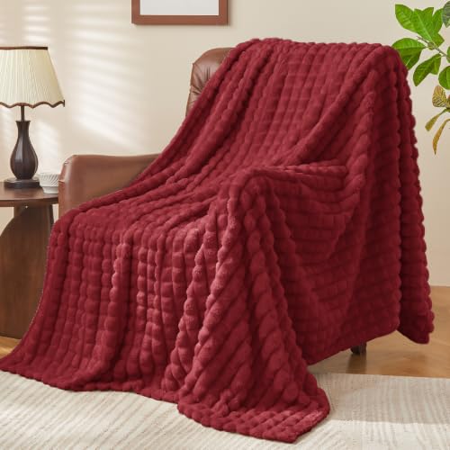 Image of BEDELITE 3D Checked Burgundy Fleece Throw Blanket for Couch, 50x60 Inches