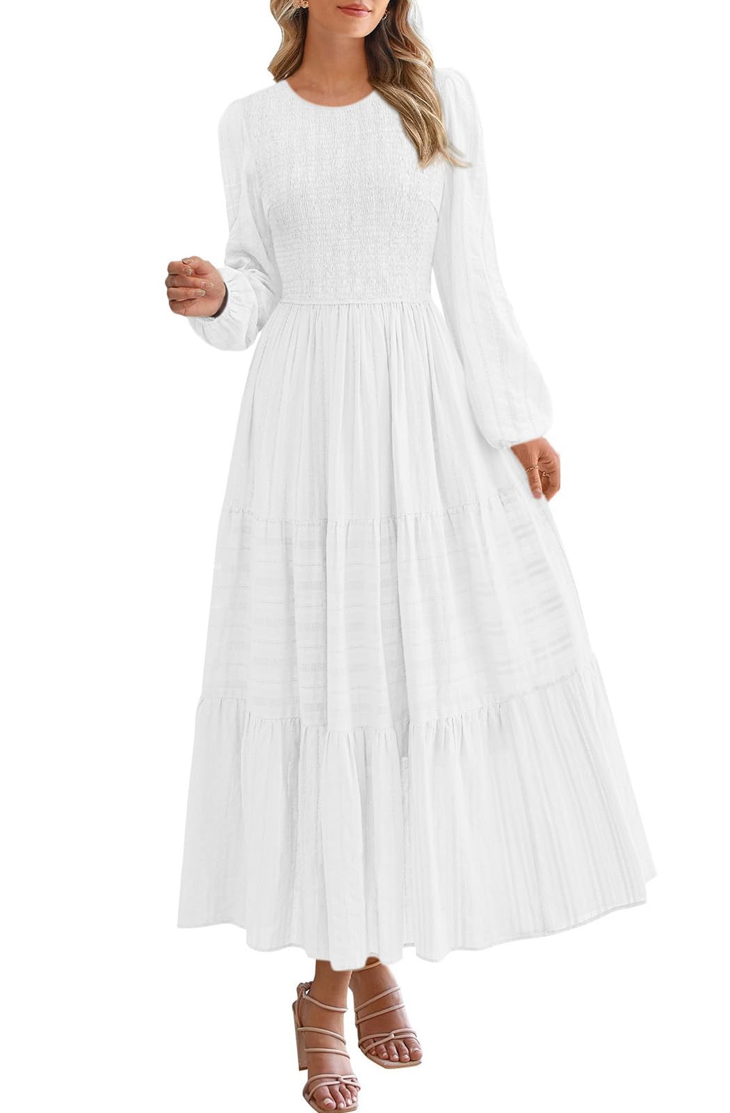 PRETTYGARDEN Womens Long Sleeve Fall Dresses Casual Crew Neck Smocked High Waist Tiered Flowy Maxi Dress with Pockets