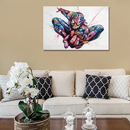 Kugo Art Large Graffiti Spiderman Canvas Wall Art- Banksy Graffiti Paintings Marvel Hero Canvas Wall Art -Modern Colorful Graffiti Canvas Painting, Framed Artwork For Home Wall Decor, 24X36Inch #TOP3