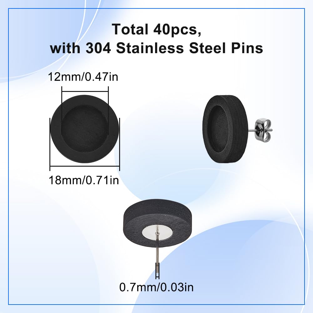 SUNNYCLUE 40Pcs 12mm Small Wooden Earring Posts Wood Bezel Earring Blanks with Stainless Steel Pins Black Flat Round Trays Cabochon Bezel Stud Earring Findings for Jewellery Making Earrings DIY Craft - Image 3