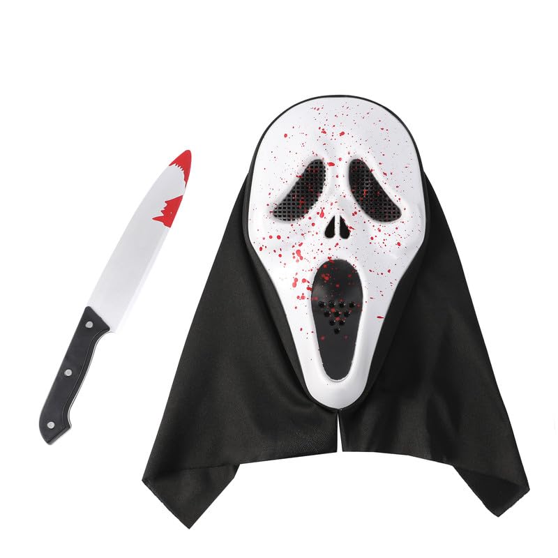 Udekit Hartplastik GhostFace Scream Maske Gespenst Maske mit Blutigem Spielzeugmesser Halloween Schrei Cosplay Kostüm Für Kinder ab 3 und Erwachsene