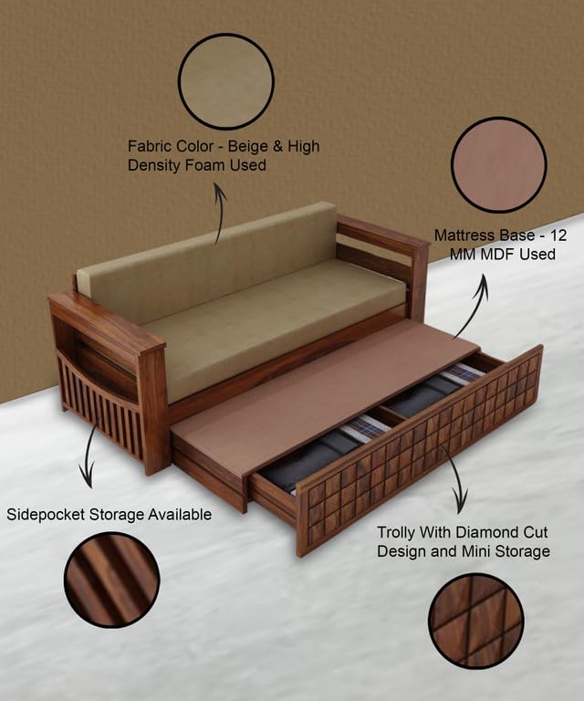 Image of Solid Sheesham Wood Sofa Cum Bed 2 Seater | Wooden Foldable Double Bed for Living Room with Headboard & Storage | Bed Cum Sofa with Mattress for Home | Diamond Design (Honey Finish)