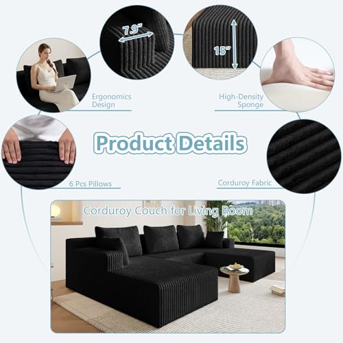 Image of 107 inch W Cloud Sectional Couch,Modern U-Shaped Cloud Couch with Deep Seat,Comfy Corduroy Sofa,Memory Foam Sofa for Living Room,No Assembly (Jet Black,Right-Facing Chaise)