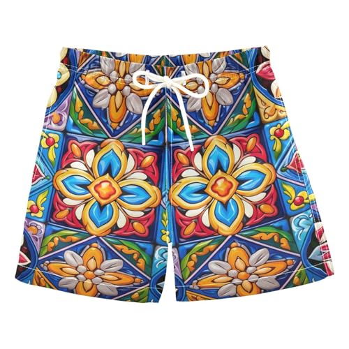 FLildon Mexican Ceramic Tile Little Boys Swim Trunks with Mesh Lining Quick Dry Beach Board Shorts, 3T