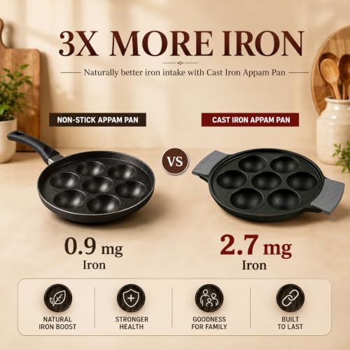 Image of Aditi Naturally Oil-Seasoned Appam Pan 7 Pit for Unniyappam /Paddu /Paniyarkal /Paniyaram(7 inch /18 cm), Heat-Resistant Silicone Handles