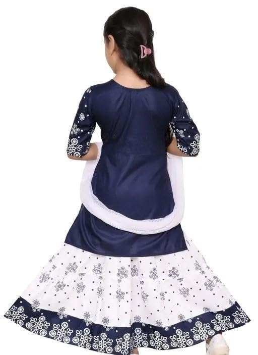 Image of Girls Anarkali Kurta Skirt Set with Dupatta, Cotton Blend Printed Ethnic Traditional Outfit with Three Quarter Sleeves for Festive & Special Occasions,