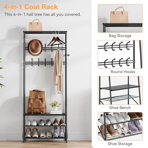Garvee Coat Rack, Hall Tree with Bench and Shoe Storage, Entryway Bench with Coat Rack, 5 Hooks and 3 Tier Shoe Storage, Metal Frame for Entryway, Hallway, Front Door (Black, 8 Hooks-25.2In) by Garvee - Image 3