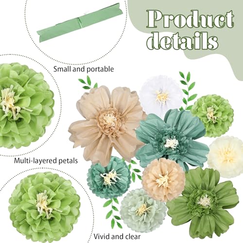 Image of Crowye 12 Pcs Large Colorful Tissue Paper Flowers Decorations Giant Fiesta Craft Crepe Paper Flowers for Wall Decor Backdrop Mexican Wedding Birthday Carnival School Party (10'' 20'',Green Color)