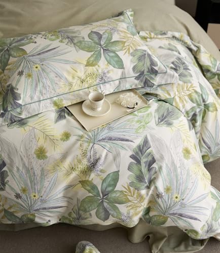 VM VOUGEMARKET Tropical Green Duvet Cover King 100% Brushed Cotton Coastal Leaves Bedding Set 1 Hawaiian Botanical Duvet Cover with 2 Pillow Shams-104x90 Inch