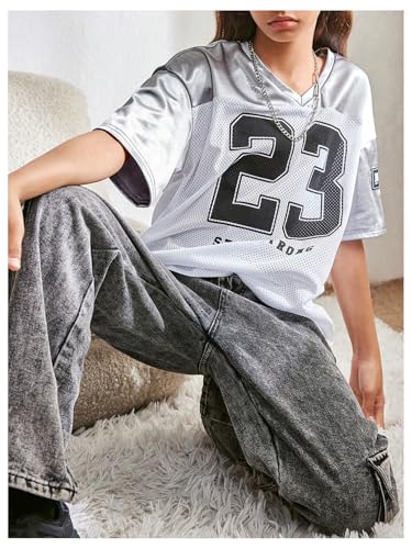 Image of Floerns Girl's Jersey Shirt Printed Oversized Short Sleeve Mesh Tee Shirts V Neck Sport Jersey Shirts