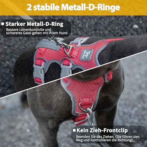 Huntboo Hundegeschirr Ausbruchsicher, Panikgeschirr Hund, Reflektierender Gurt mit Gepolstertem Griff, Atmungsaktiv, Verstellbare Weste für Große Hunde, die Spazieren Gehen,und Rennen (Rot, L)