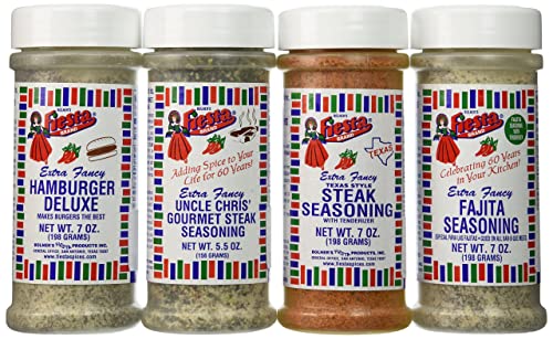 Bolner’s Fiesta Extra Fancy Texas Barbeque Seasoning 4 Flavor Variety Bundle, (1) each: Texas Style Steak, Uncle Chris’ Gourmet Steak, Hamburger Deluxe, and Fajita Seasoning, 5.5-7 Oz. Ea Bolner’s Fiesta Extra Fancy Texas Barbeque Seasoning 4 Flavor Variety Bundle, (1) each: Texas Style Steak, Uncle Chris’ Gourmet Steak, Hamburger Deluxe, and Fajita Seasoning, 5.5-7 Oz. Ea