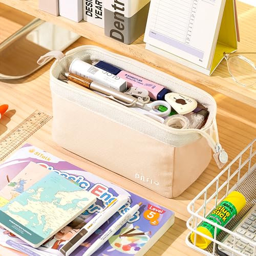 Image of MAMUNU Large Pencil Case Wide Opening - Big Capacity Pencil Pouch for Girls Boys - Portable Stationery Pen Bag for School Office College Teens Students Adults, Beige