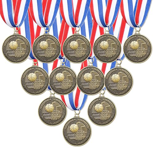 RoundFunny 24 Pcs Award Medals Bulk Winner Medals Gold Trophy Awards with Neck Ribbons Prizes Gifts for Sports Competitions Party (Basketball)