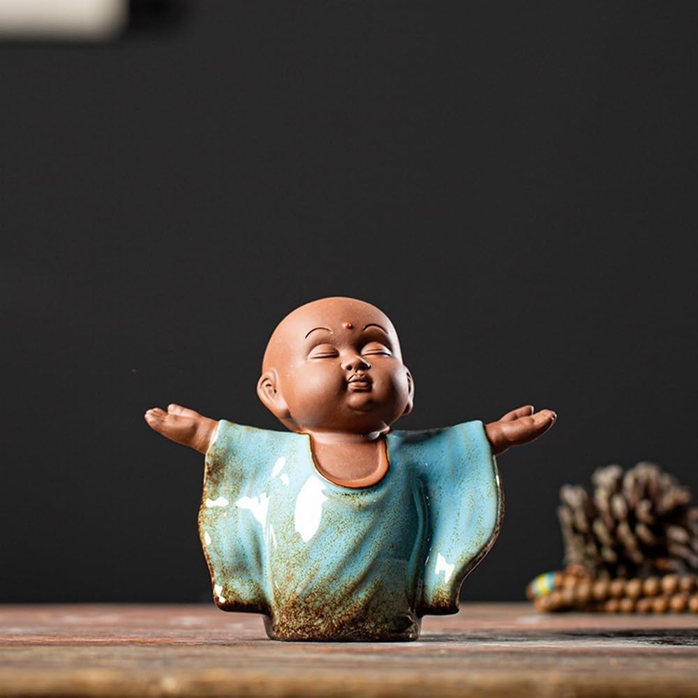YUZDNM Buddha Monk Statue, Ceramic Chinese Little Monk Tea Pet, Meditation Positive Zen Monk Tea Pet for Home Office Decor, Microlandscape Decoration Supplies(Blue)