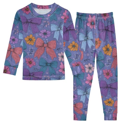 Pajama Sets Long Sleeve Bow Flowers on Blue Soft Comfy Sleepwear 2 Piece PJS 3-8T