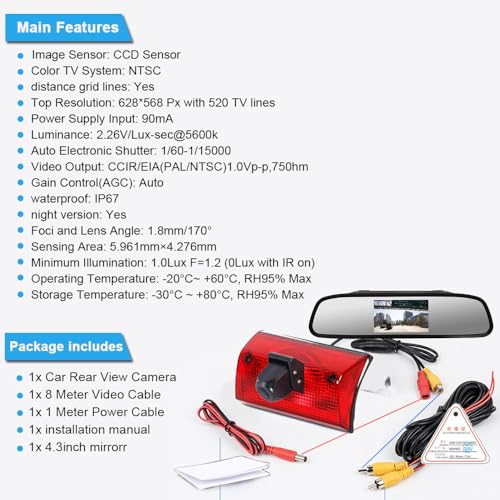 Image of 3rd Brake Light Reversing Camera Brake Lamp Parking Camera+4.3 inch LCD Monitor Replacement for Mercedes Freightliner Sprinter 2500 3500 /Dodge Cargo /Mercedes-Benz Sprinter W901 W902 W903 W904