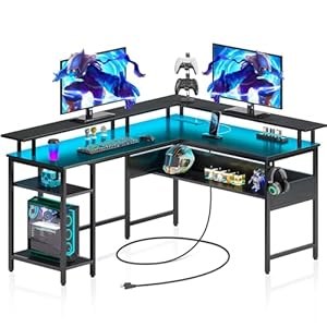 Rolanstar Computer Desk L Shaped 56.7″ with LED Lights and Power Outlets, Reversible L Shaped Gaming Desk with Monitor Stand, Home Office Desk with Storage, Desk with USB Port and Hook, Black