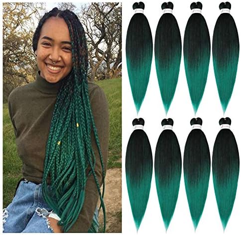 Pre-Stretched Braiding Hair Extensions Ombre Black to Green - 26 inch 8 Packs Synthetic Crochet Braids, Hot Water Setting Professional Soft Yaki Texture (26inch,#1B/Green)