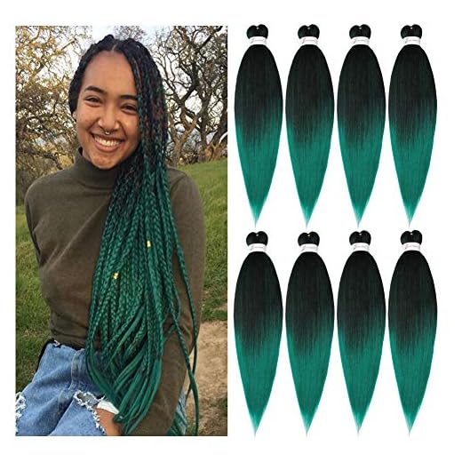 Pre-Stretched Braiding Hair Extensions Ombre Black to Green - 26 inch 8 Packs Synthetic Crochet Braids, Hot Water Setting Professional Soft Yaki Texture (26inch,#1B/Green)