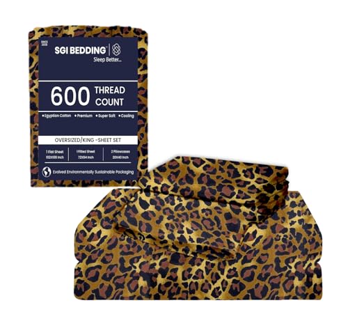 Image of SGI 120 inchx80 inch 4 Pc Family King Sheet Set 600 TC 12 inch Deep, Leopard Print
