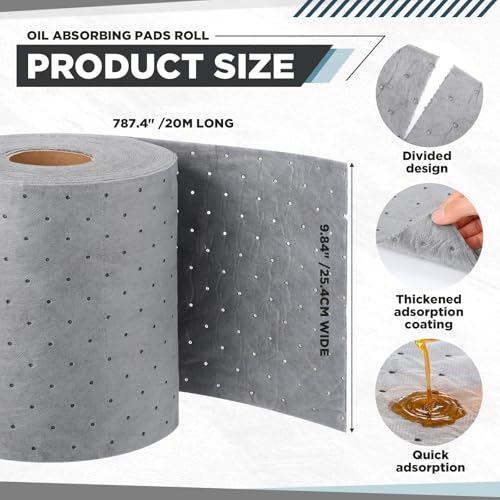 Image of Oil Absorbent Pads 65.62' L x 9.84 inch W Oil Spill Mat with Dividing Line Weight Dimpled Pad Universal Oil Maintenance Mat Roll Gray Water Absorbent Mat for Garages Basements Industrial