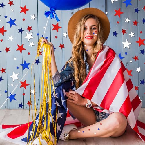 Image of 60g /2.1oz Patriotic Star Confetti - Bulk Red, White, and Blue Metallic Foil Twinkle Stars Sequins for 4th of July Celebration, Memorial Day, Veterans Day, Election Party Table Decorations