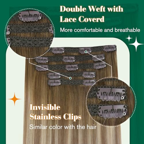 Easyouth Clip in Extensions Real Human Hair Brown Ombre Human Hair Extension Clip ins Brown Balayage Ashbrown Mixed Medium Blonde Clips in Real Hair Extensions Easy to Style 18Inch 5Pcs 70g #3/8/22 - Image 2