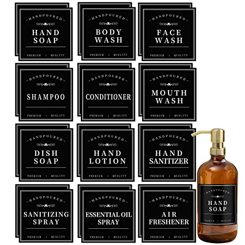 HVSWLY Waterproof Lables for Bottles, Bathroom Hand Soap Shampoo and Conditioner Dispenser Label Stickers, Removable Bottle Labels for Mouthwash Body Lotion (Black 24 Pcs)