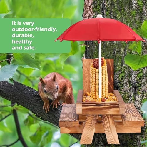 Mailfull Eichhörnchen Futterhaus Wetterfest mit Regenschirm Hölzerner Eichhörnchen Picknick Tisch mit Maiskolbenhalterung für Draußen Garten Baum oder Zaun