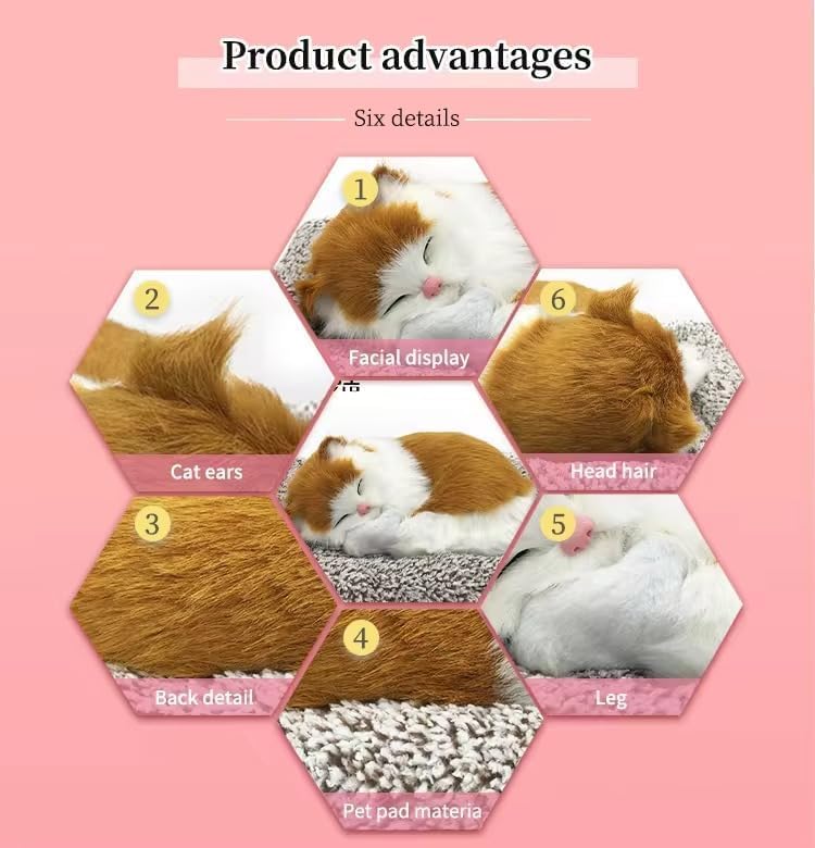 Image of Sleeping Cat Plush Toy with Press Simulation Sound, Sleeping Cat Stuffed Animal Fur Soft Toys with Sound for Kids Car Dashboard Cat & Office Desk (Stripped Orange)