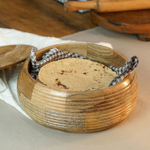 Image of Sanjeev Kapoor By OGGN Mango Wood 9 x 9 x 4 Inch, Casserole for Roti Hot Case | Wooden Roti Box | Hot Case Casserole | Big Chapati Storage Box for Home & Kitchen - Premium Wood Elegant Design