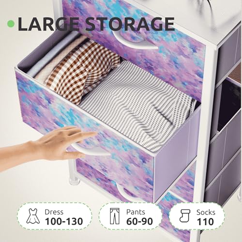 GOOBED Dresser with 4 Drawers - Storage Tower Unit, Dresser for Room, Living Room, Closets - Sturdy Steel Frame, Wooden Top & Easy Pull Fabric Bins, Tie-dye Purple