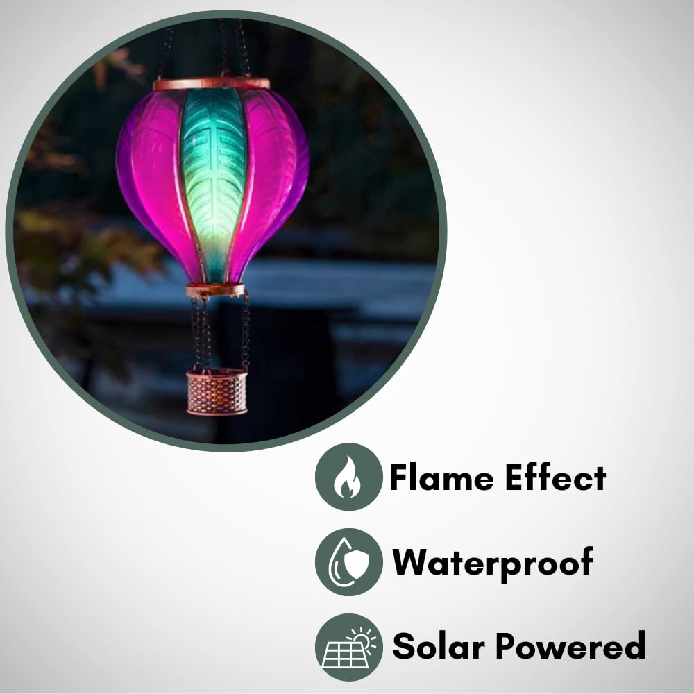 Solar hete luchtballon geel/groen met vlameffect van Countryfield, deze gezellige solarlampje is gemaakt van kunststof / polystone met een metalen koper kleurige ketting