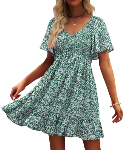 Womens Cute Floral Smocked V Neck Flutter Sleeve Sundress with Pockets Casual Spring Summer Dresses for Women 2025