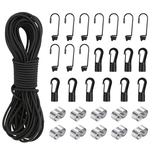 Farerkass Tenditore Elastico 15m, Corde Elastiche 6 mm X 15 m, Corda in Gomma con 10 Ganci a Spirale, 10 Morsetti per Strozzatore, 10 Ganci in Plastica, Corda Elastica er Teloni, Tende, Trasporto Auto