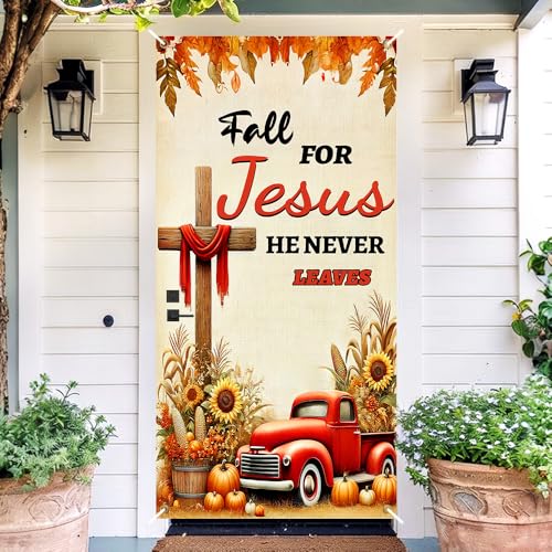 Image of Fall for Jesus Door Cover 35x71in Cross Pumpkin Autumn