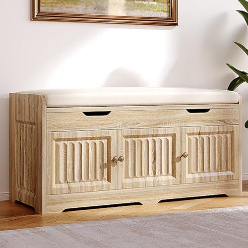 Kogven Shoe Bench,Entryway Storage Bench with Lift Top Cushion Seat & Hidden Space, Bedroom End of Bed Bench with 3-Sided Geometric Wavy Fluted for Hallway, Nature Wood