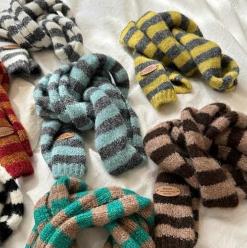 Y2K Thin Striped Knitted Scarf Lightweight Color-Block Scarves with Leather Detail for Spring Fall Winter Outfits2