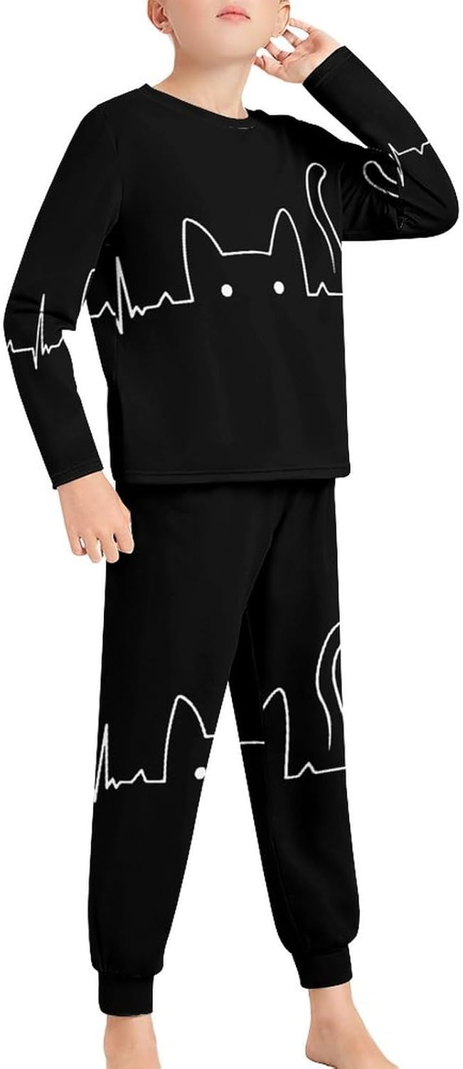[mAnFcHiA] キッズ パジャマ 上下セット トビート猫 猫の飼い主 心電図 長袖 子供服 長袖パジャマ 肌に優しい 綿100