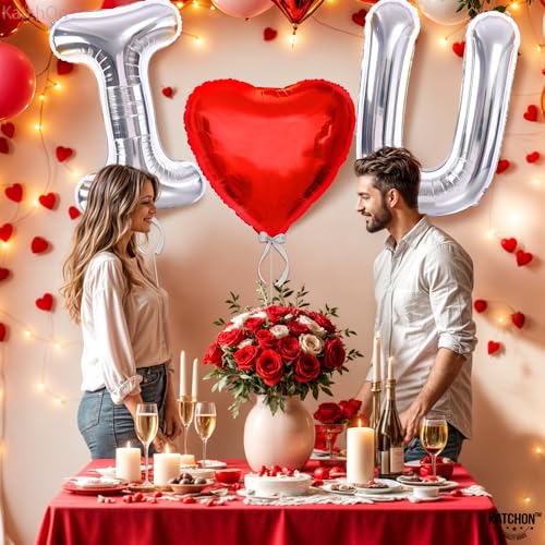 Image of KatchOn, Silver I Love You Balloons for Him- Big 40 Inch | Red Heart Anniversary Day Decorations | Love Balloons for Romantic Night | Red Heart Balloons | Valentines Day Decorations | Valentines Decor