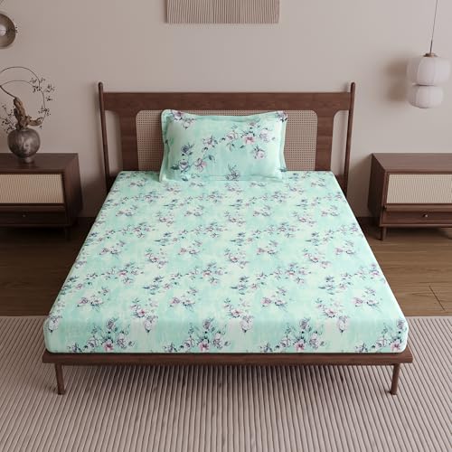 Image of Divine Casa 144 TC Cotton Single Bedsheet with 1 Pillow Cover | Soft Breathable Bedsheet for Single Bed | Modern Printed Bed Sheet Set for Bedroom & Guest Room | 145 x 223 cm (Mint Green, Floral)